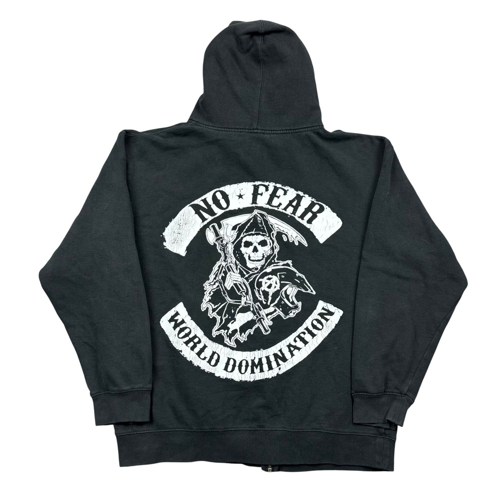 Vtg Y2K No Fear Hoodie Men Large Black World Domination Motocross Grim Reaper